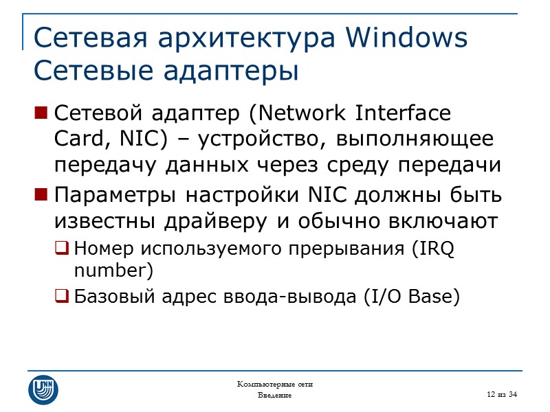 Компьютерные сети Введение 12 из 34 Сетевая архитектура Windows Сетевые адаптеры Сетевой адаптер (Network